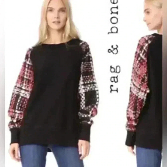 rag & bone Racer X Linton Black Red Plaid Tweed Sleeve Sweatshirt XS - Picture 1 of 11